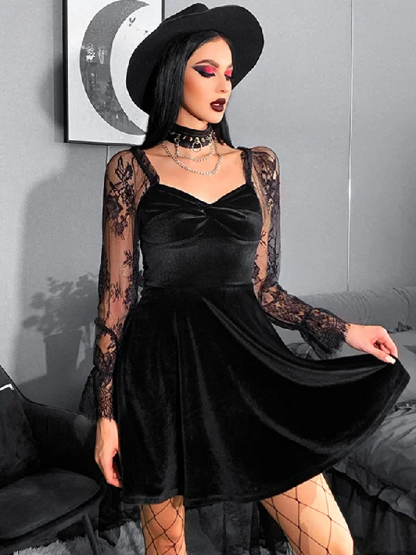 Velvet Lace Lantern Sleeve Twisted 40s 50s Retro V Neck Backless Bodycon Goth Outfit