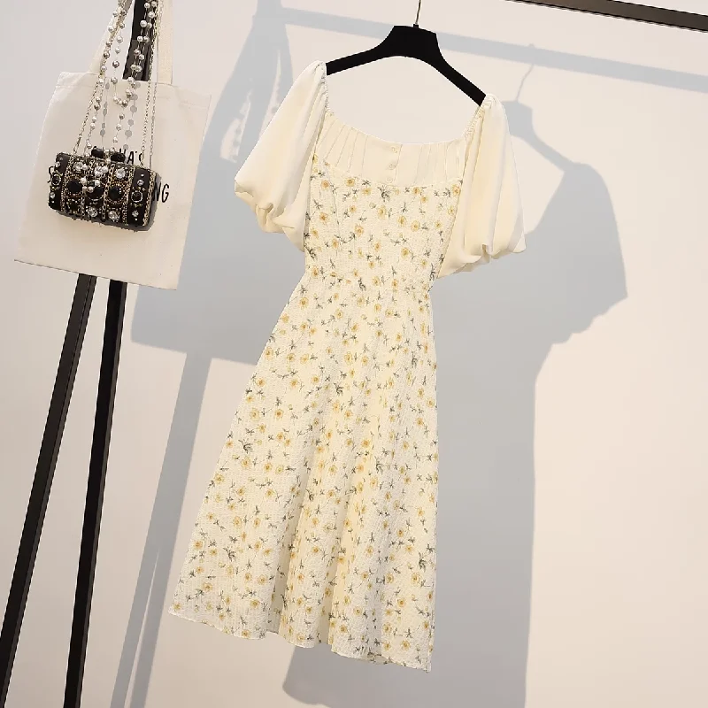 Plus Size Cream Yellow Flowers Square Neck Korean Dress