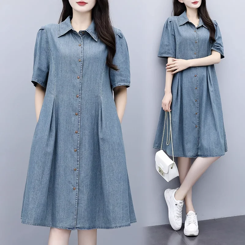 Plus Size Denim Buttons Pleat A Line Shirt Dress