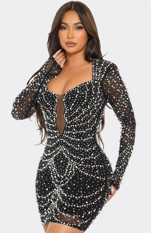 Ms Baddie Black/Rhinestone/pearl Embellished Bodycon Dress