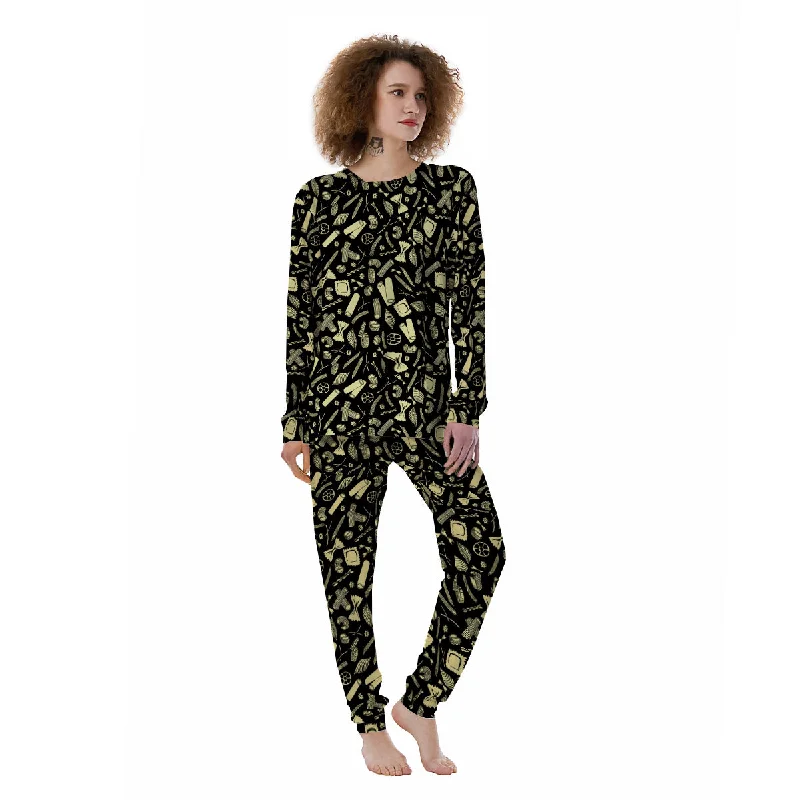 Black And Beige Macaroni Print Pattern Women's Pajamas