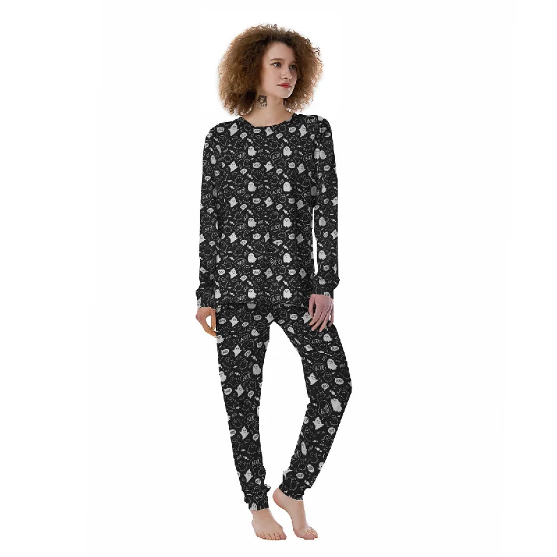 Black And White Ghost Boo Print Pattern Women's Pajamas