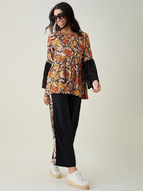 Women's Black Flutter Printed Pajama Set - The Kaftan Company