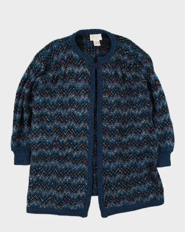 Blue Patterned Long Knitted Cardigan - L