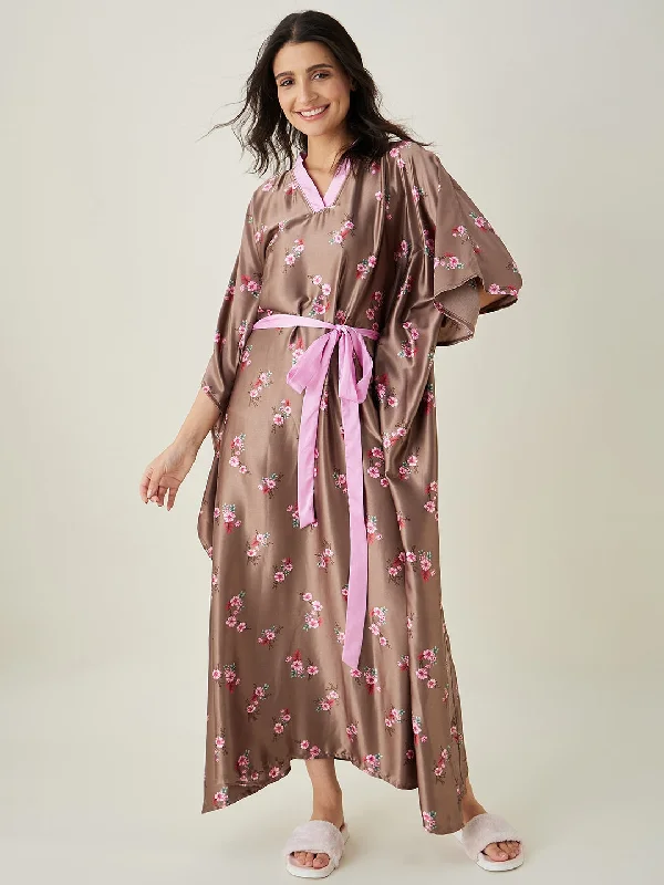 Women's Brown Floral Printed Loungewear Kaftan - The Kaftan Company