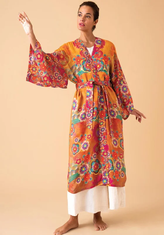 Powder Golden Cranes Kimono Gown, Mustard