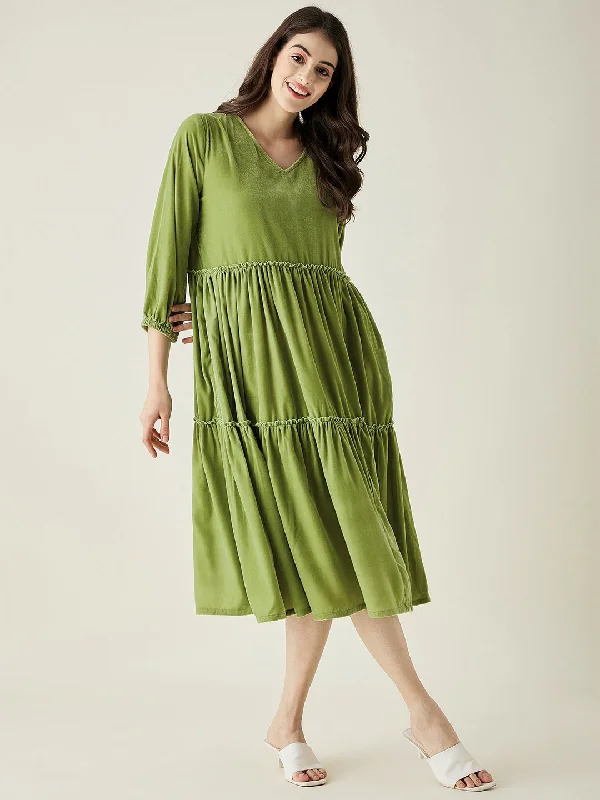 Olive Velvet Layered Midi Loungedress  - The Kaftan Company