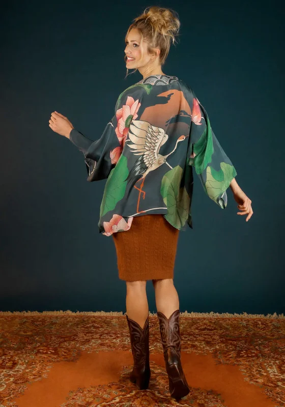 Powder Crane at Sunrise Kimono Jacket, Green