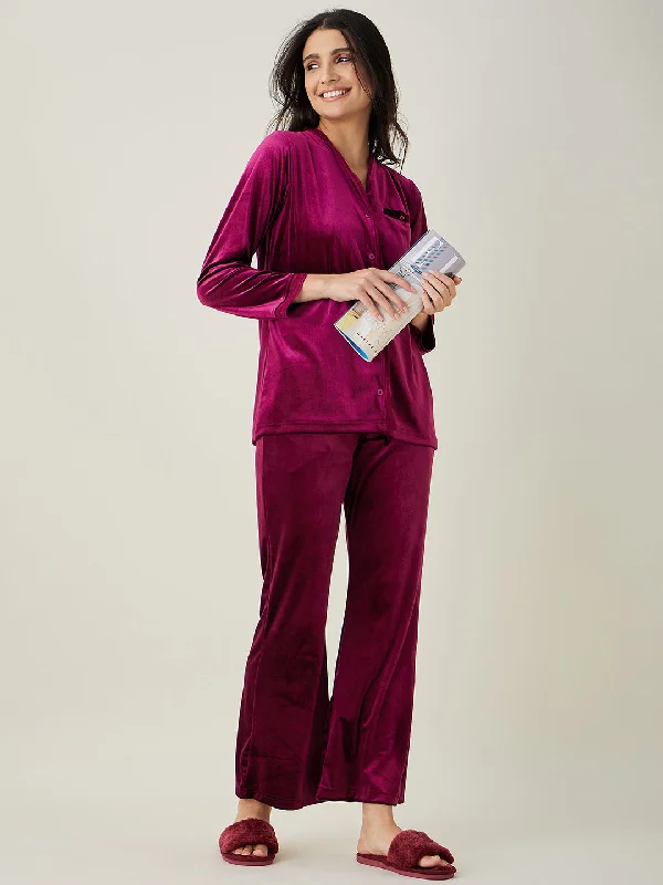 Women's Wine Button Down Velvet Lounge Set - The Kaftan Company