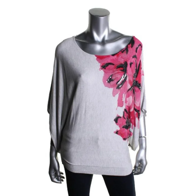 Womens Sequined Floral Print Pullover Sweater