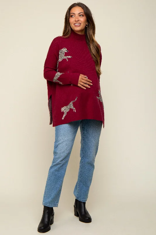 Burgundy Animal Print Side Slit Maternity Sweater