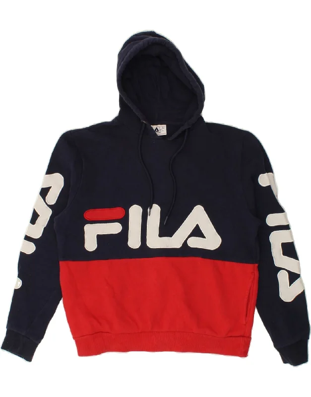 FILA Womens Graphic Hoodie Jumper UK 10 Small Navy Blue Colourblock Cotton