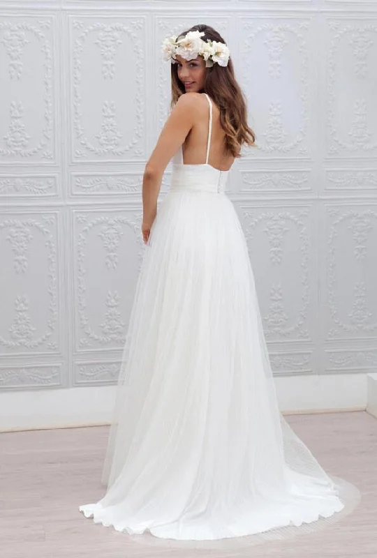 A-line Simple Spaghetti Straps Beach Wedding Dress Summer Coast Off White Bridal Gown W1014