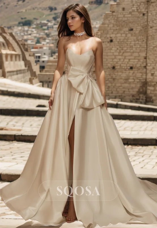 V-Neck Off-Shoulder A-Line Wedding Dress Sleeveless Pleated High Slit Bride Gowns with Big Bows