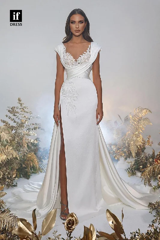 71160 - A-Line High Slit Appliques Sleeveless Bohemian Wedding Dress with Train