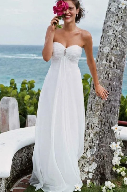 Elegant A-Line Sweetheart White Strapless Chiffon Beach Wedding Dress with Beads