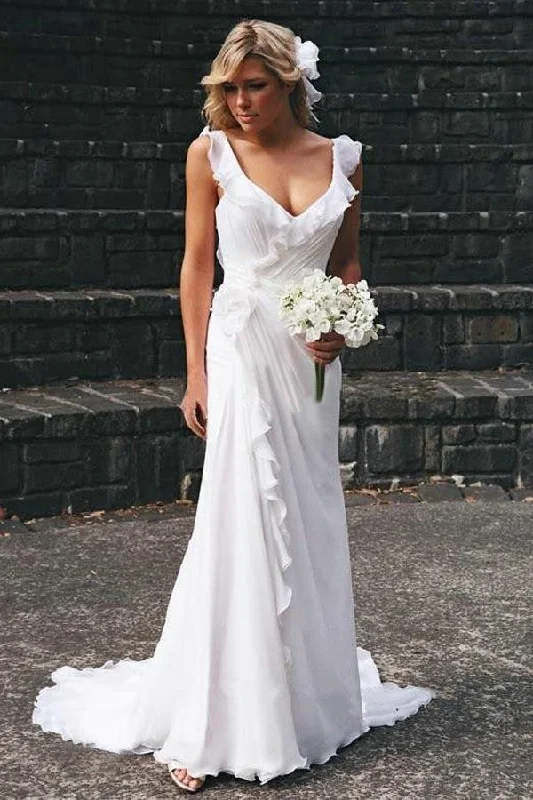 Elegant Sheath V Neck Chiffon Ruffles Sleeveless Open Back Wedding Dresses WK271