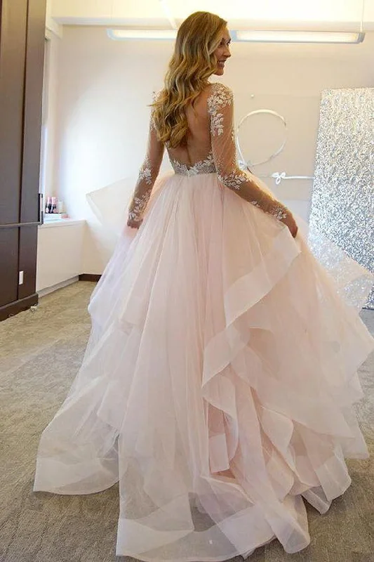 Fashion Ball Gown Lace Sheer Illusion Tulle Backless Long Asymmetrical Wedding Dress WK409