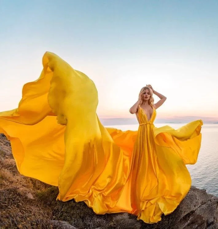 G650, Mustard Yellow Prewedding Long Trail Gown, Size (All)