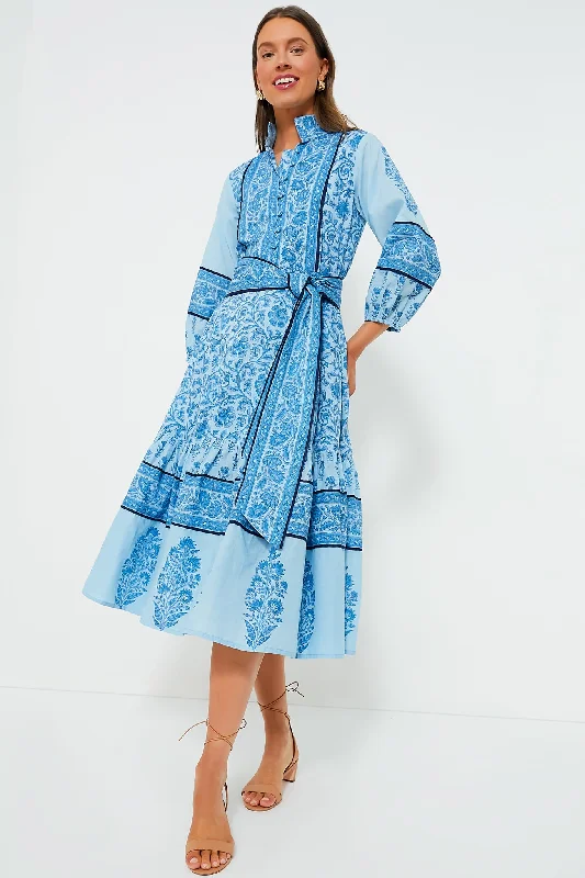 Exclusive Aqua Blue Multi Midi Flounce Victorian Frieze Dress