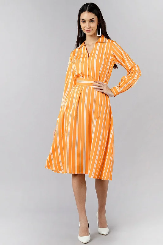 Orange Polyester Striped Midi Dress