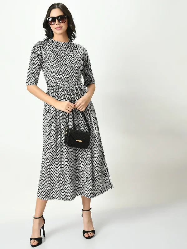 Women Black And White Printed Midi Dress