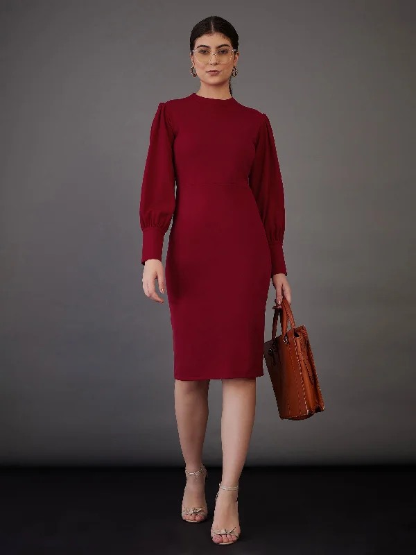 Women Red Puff Sleeves Bodycon Midi Dress