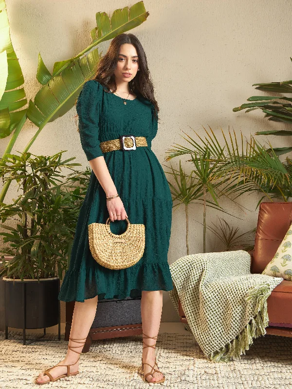 Women Teal Dobby Tiered Midi Dress