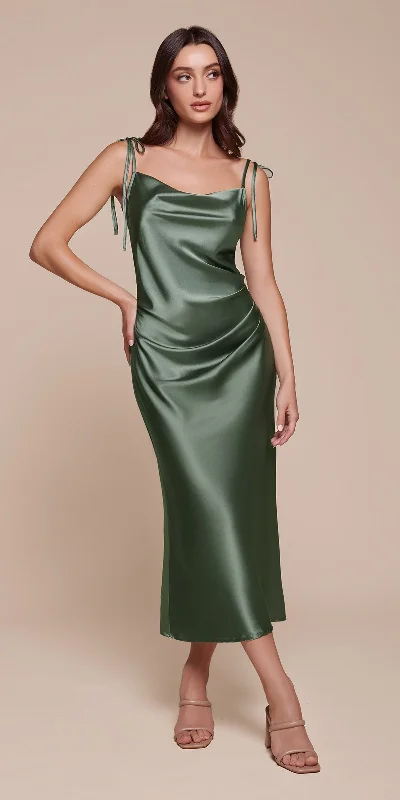 Ladivine BD103 Satin Midi Length Dress High Side Split Cowl Neck