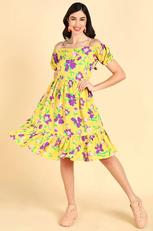 Yellow Georgette Floral Printed Midi Dress