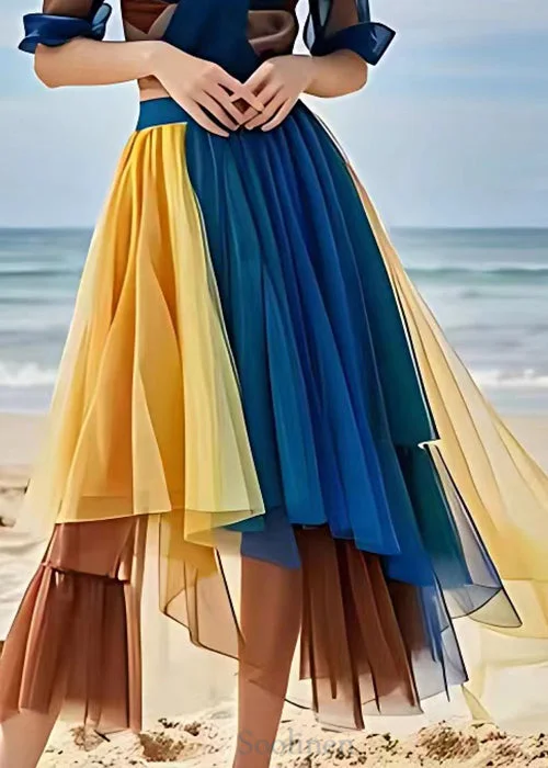 Bohemian Yellow Wrinkled Elastic Waist Tulle Skirts Summer