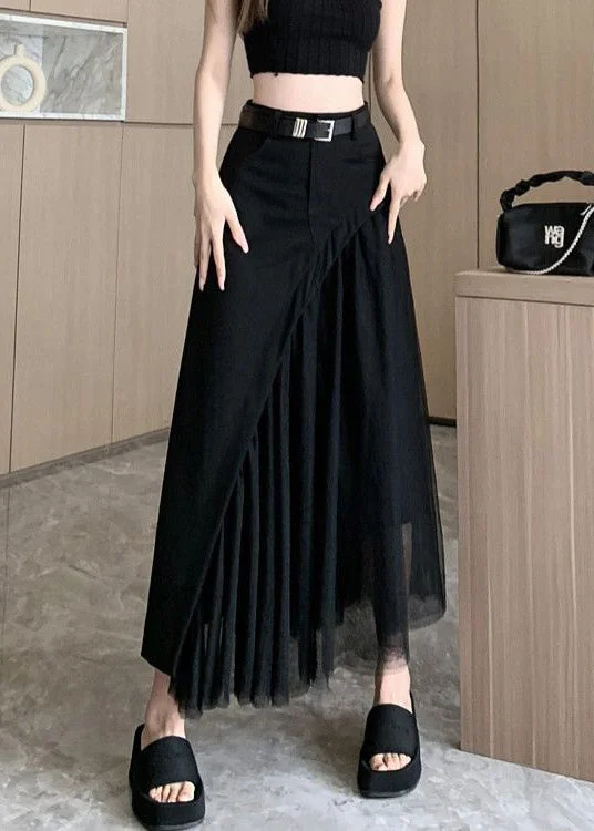 French Black High Waist Patchwork Tulle Skirt Summer