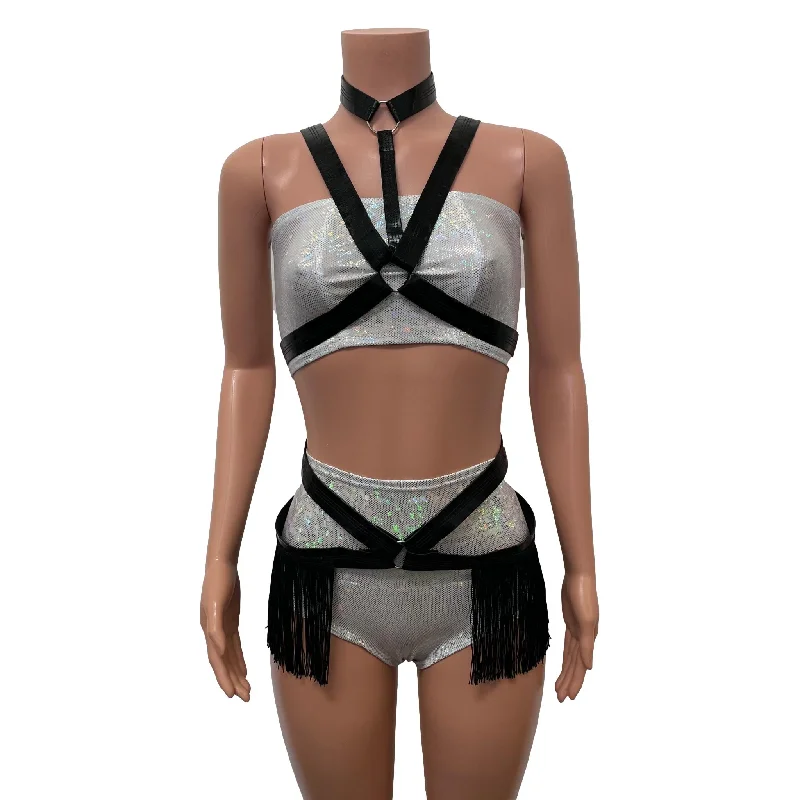 Fringe Harness Set in Black Metallic Faux Leather | Cage Bra Rave Body Harness Outfit w/ Fringe Skirt and Choker