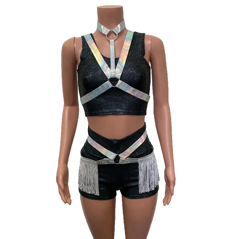 Fringe Harness Set in Opal Holographic | Cage Bra Rave Body Harness Outfit w/ Fringe Skirt and Choker