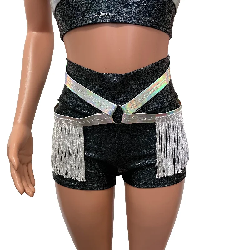 Fringe Harness Skirt in Opal Holographic | Rave Body Harness w/ Fringe