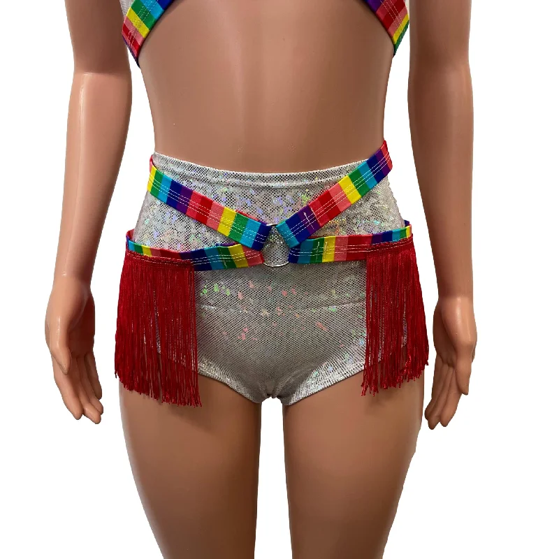 Fringe Harness Skirt in Rainbow Stripe Pride | Rave Body Harness Bottom w/ Fringe