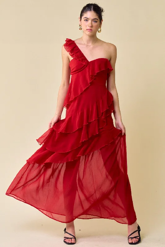 Long One Shoulder Ruffled Dress