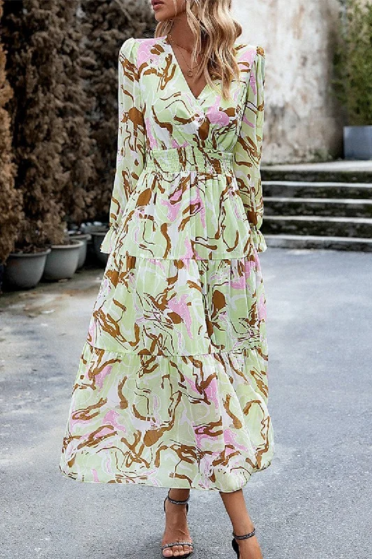 MARBLE PRINTING V NECK EMPIRE WAIST MAXI DRESS