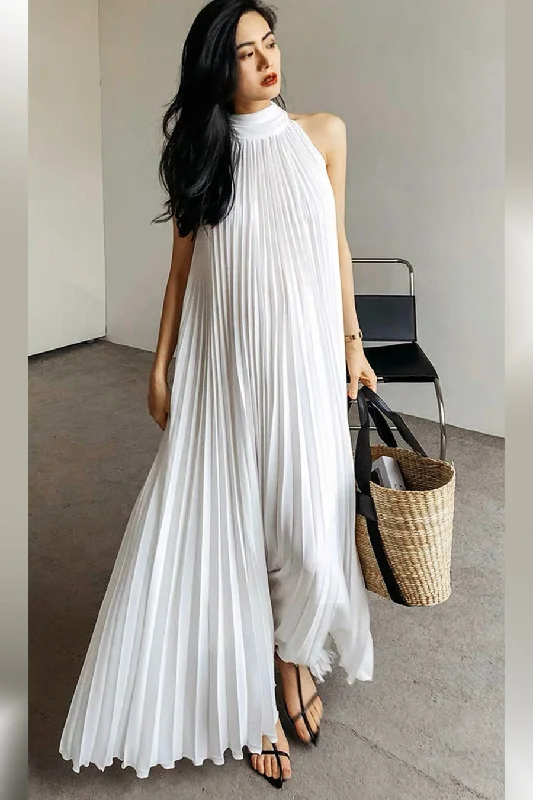 Sleeveless Halter Pleated Long Dress