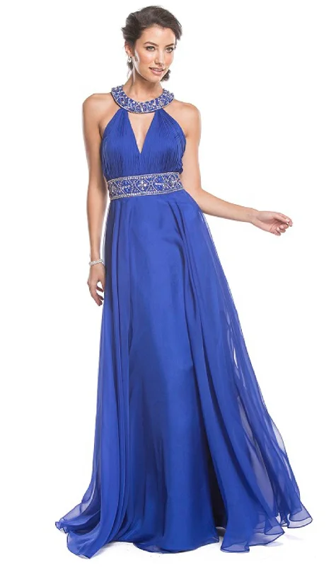 Aspeed Design - Embellished Halter Ruched A-Line Evening Dress