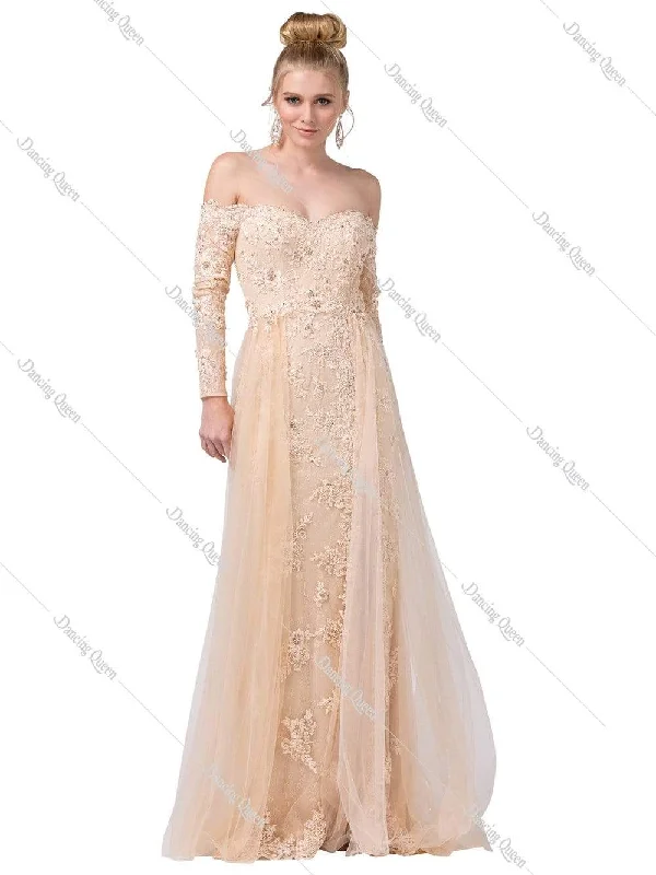 Dancing Queen - 2566 Long Sleeve Appliqued Lace Overskirt Gown