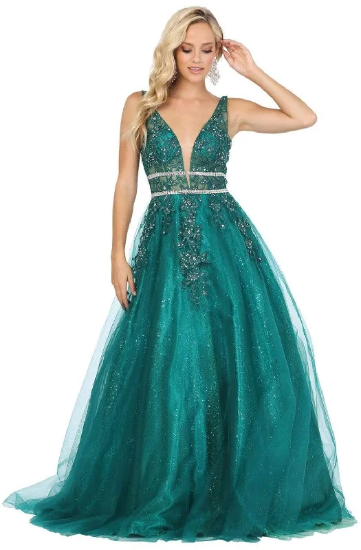 Dancing Queen - 4041 Embroidered Deep V-neck Ballgown