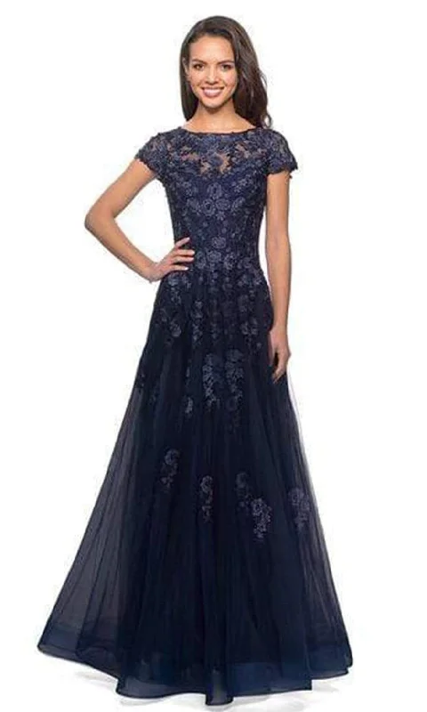 La Femme - Short Sleeves Lace Tulle Evening Gown 26907SC - 1 pc Navy In Size 16 Available