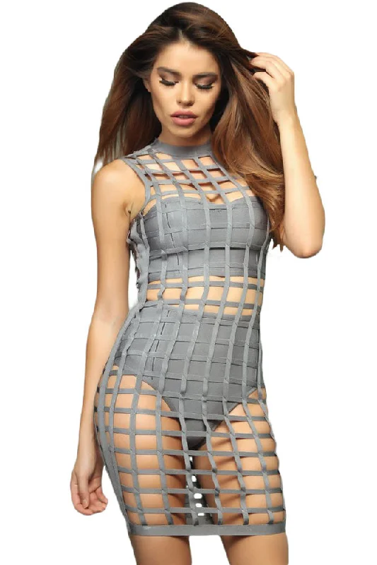 3pcs Gray Caged Bandage Dress