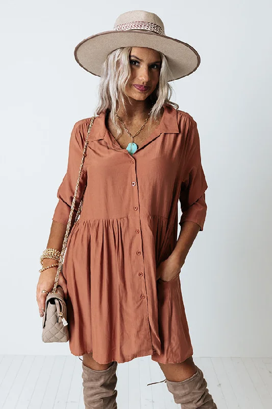 Always On Time Babydoll Tunic Dress In Rust