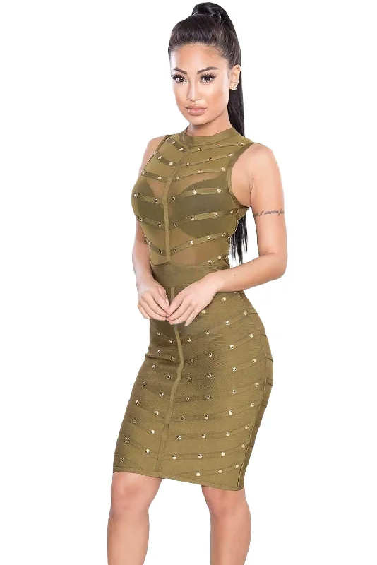 Army Green Studded Bandage Dress