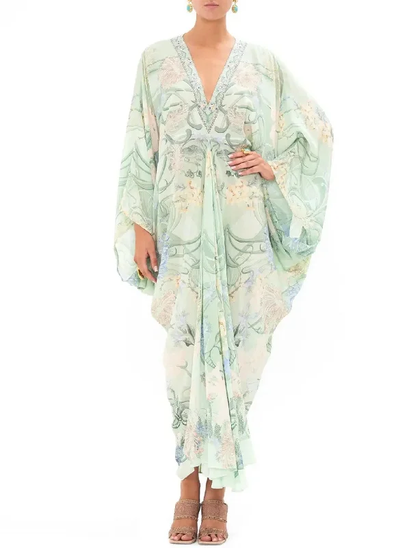 Batwing-Sleeve Draped Print V-Neck Silk Kaftan in Mint