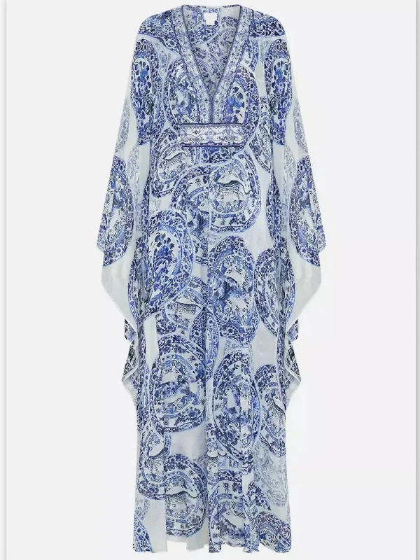 Blue and White Porcelain Print V-Neck Silk Kaftan Dress