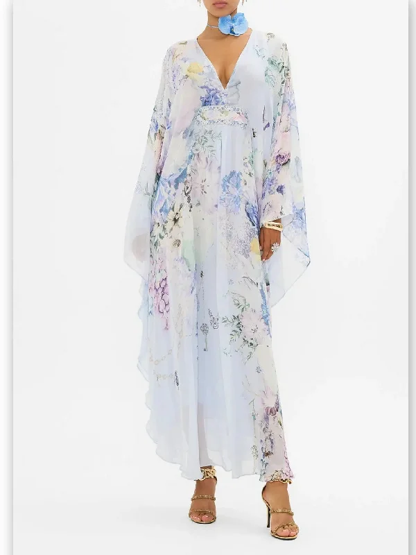 Butterfly and Floral Printed Long Light Blue Kaftan Dress with Waist Detail