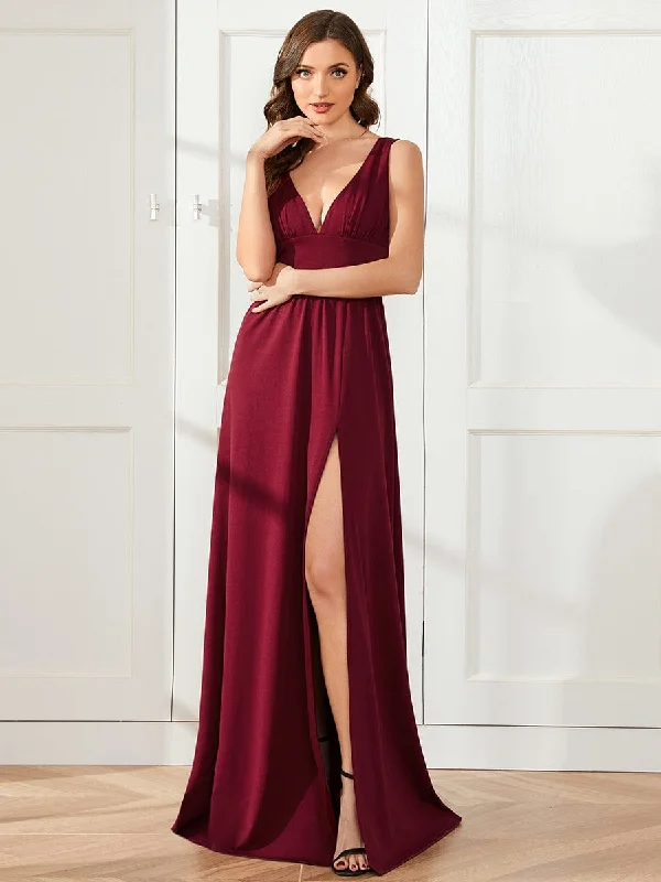 Chiffon High Slit Sleeveless V-Neck Empire Waist Formal Evening Dress